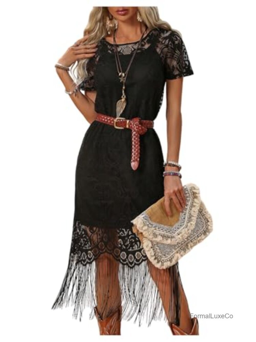 Women's Western Fringe Dress Set Short Sleeve Sheer Lace Layered Dress Boho